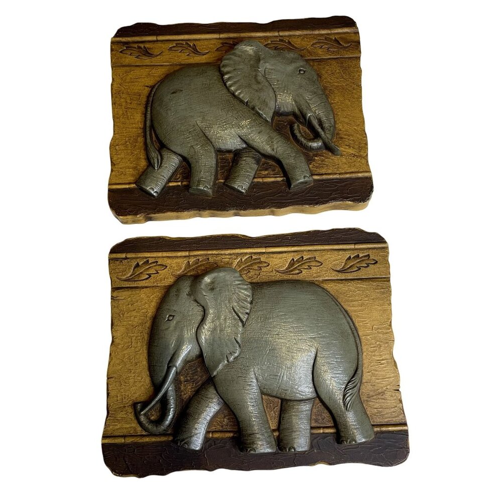 Set 2 Vintage Lucky Elephant African Wall Folk Art Hanging Plaque Retro Style u